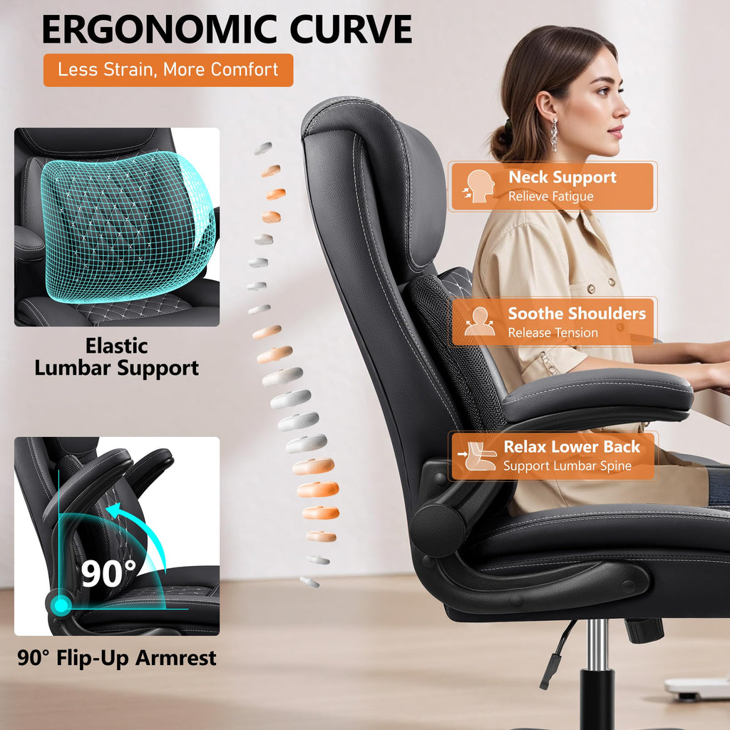 BESTFAIR Office Chair, Ergonomic Computer Desk Chairs with Lumbar Support for Lower Back Pain Relief, Executive Leather Home Chair Comfy with Padded Flip-up Armrests