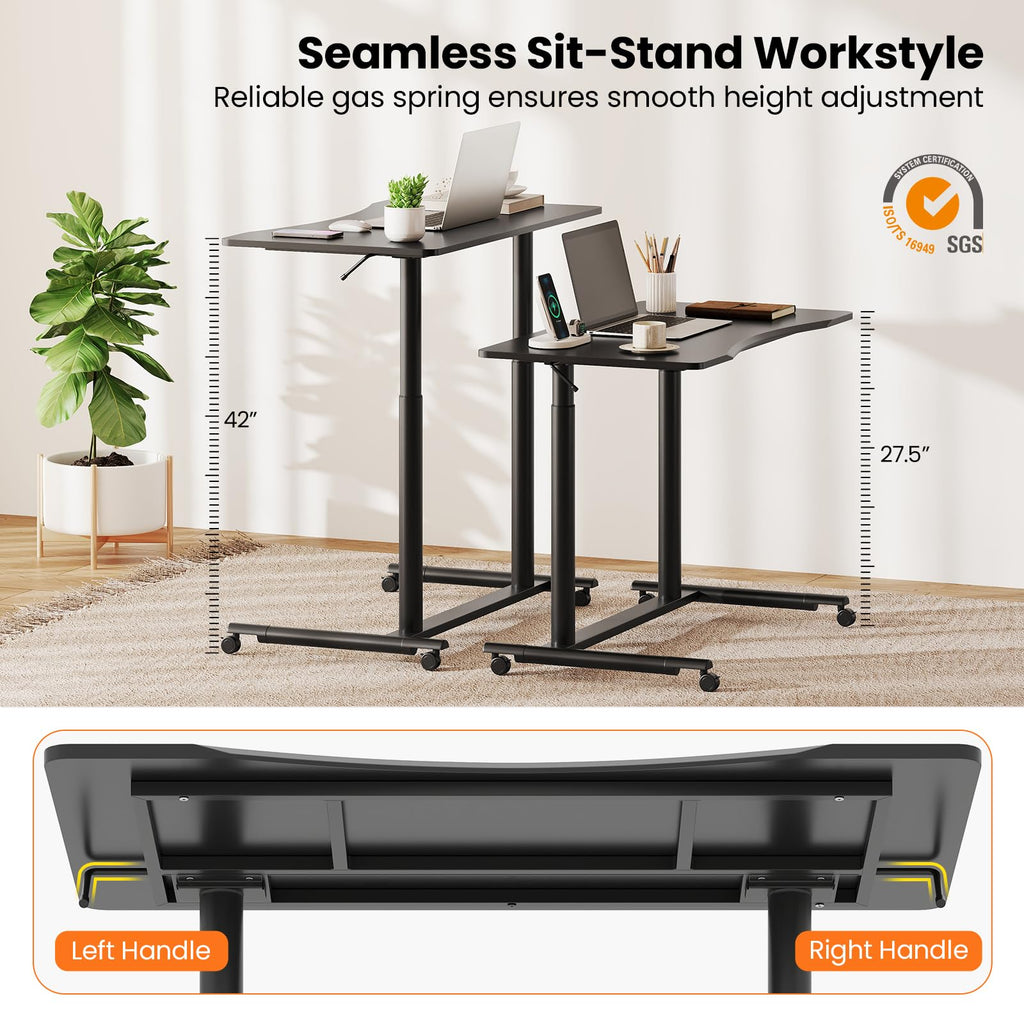 Tangkula Computer Desk Home Office Dorm Rolling Wooden Top Height Adjustable Sit-to-Stand Desk Portable Writing Study Table Notebook Laptop Desk