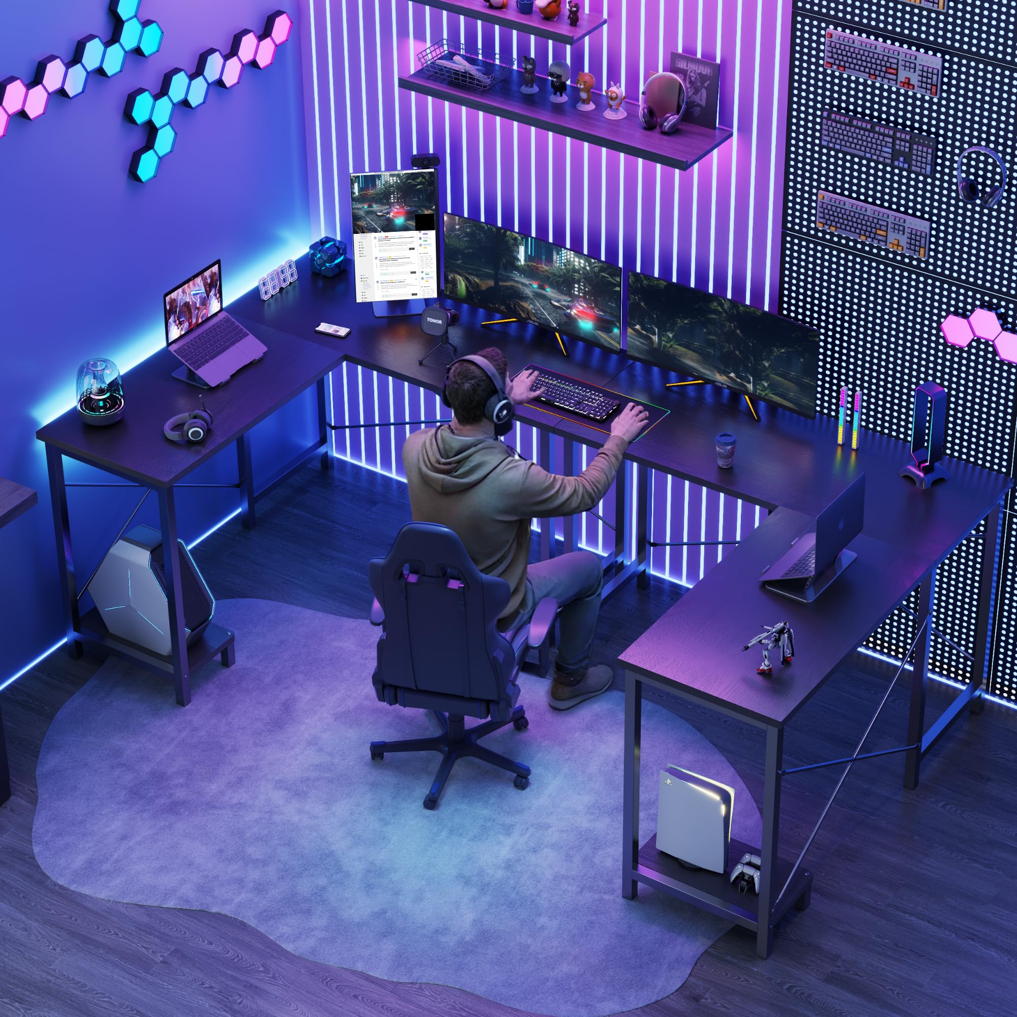 DUMOS L Shaped Desk, Computer Gaming Desks Corner Office Table with CPU Shelf for Home Study Writing Work Station 50 Inch