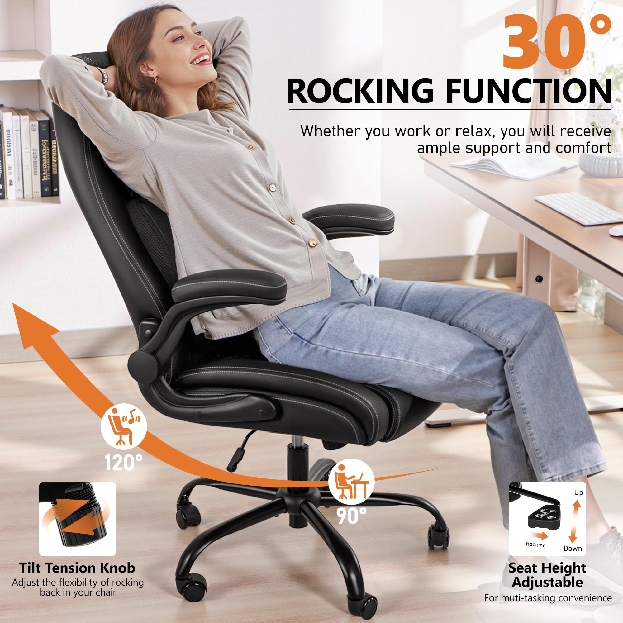 BESTFAIR Office Chair, Ergonomic Computer Desk Chairs with Lumbar Support for Lower Back Pain Relief, Executive Leather Home Chair Comfy with Padded Flip-up Armrests