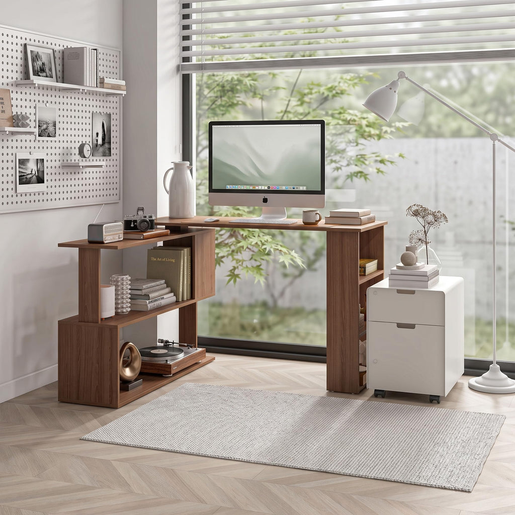 HOMCOM 47 Inch L Shaped Desk, Corner Computer Desk, 360 Degree Rotating Home Office Desk with Storage Shelves, Writing Table Workstation