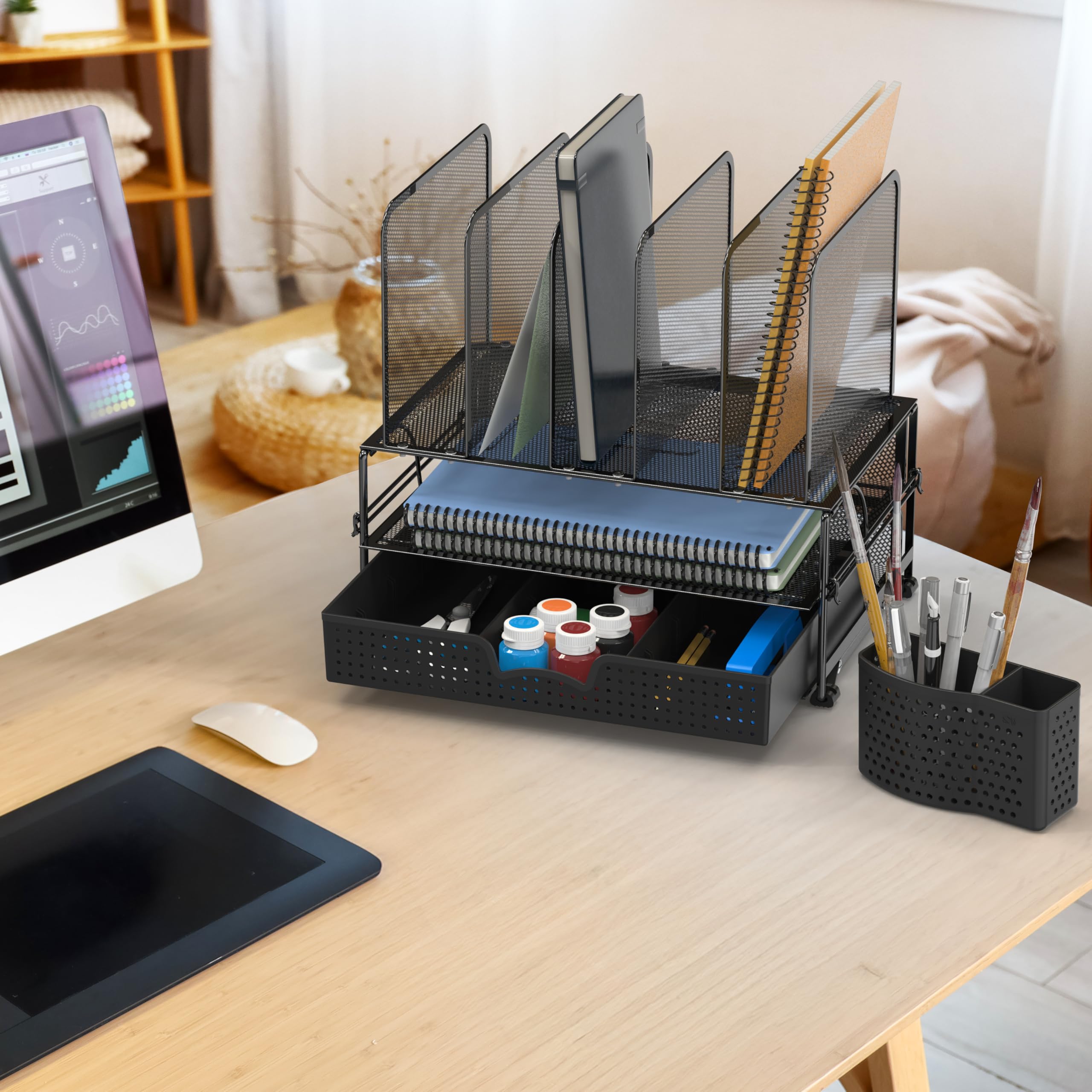 Simple Houseware Desk Organizer with Sliding Drawer, Double Tray and 5 Sections