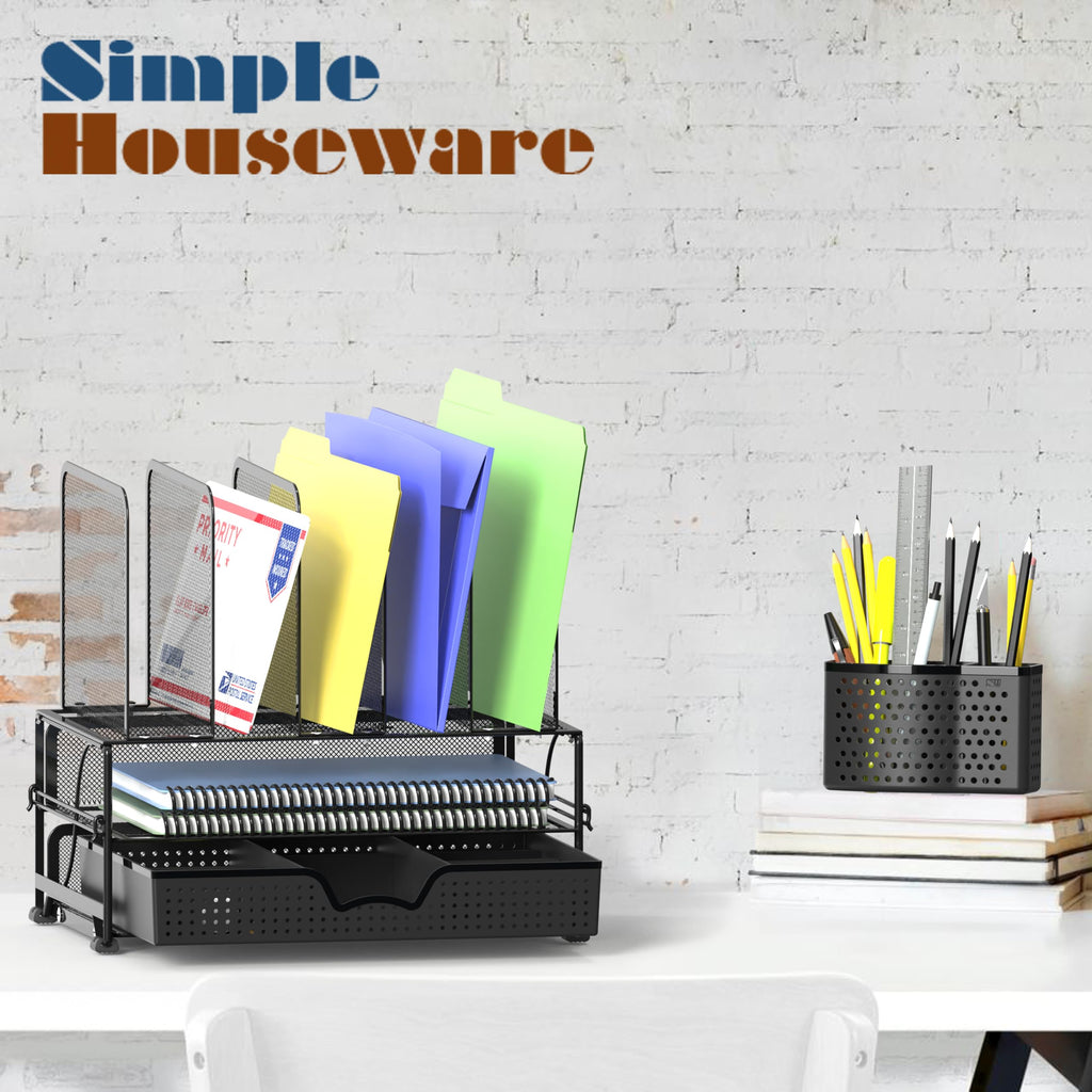 Simple Houseware Desk Organizer with Sliding Drawer, Double Tray and 5 Sections