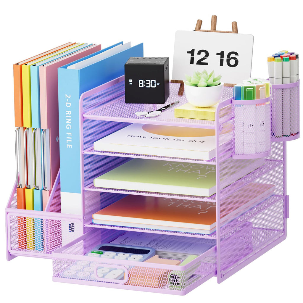 Marbrasse Desk Organizer with File Holder, 5-Tier Paper Letter Tray Organizer with Drawer and 2 Pen Holder, Mesh Desktop Organizer and Storage with Magazine Holder for Office Supplies
