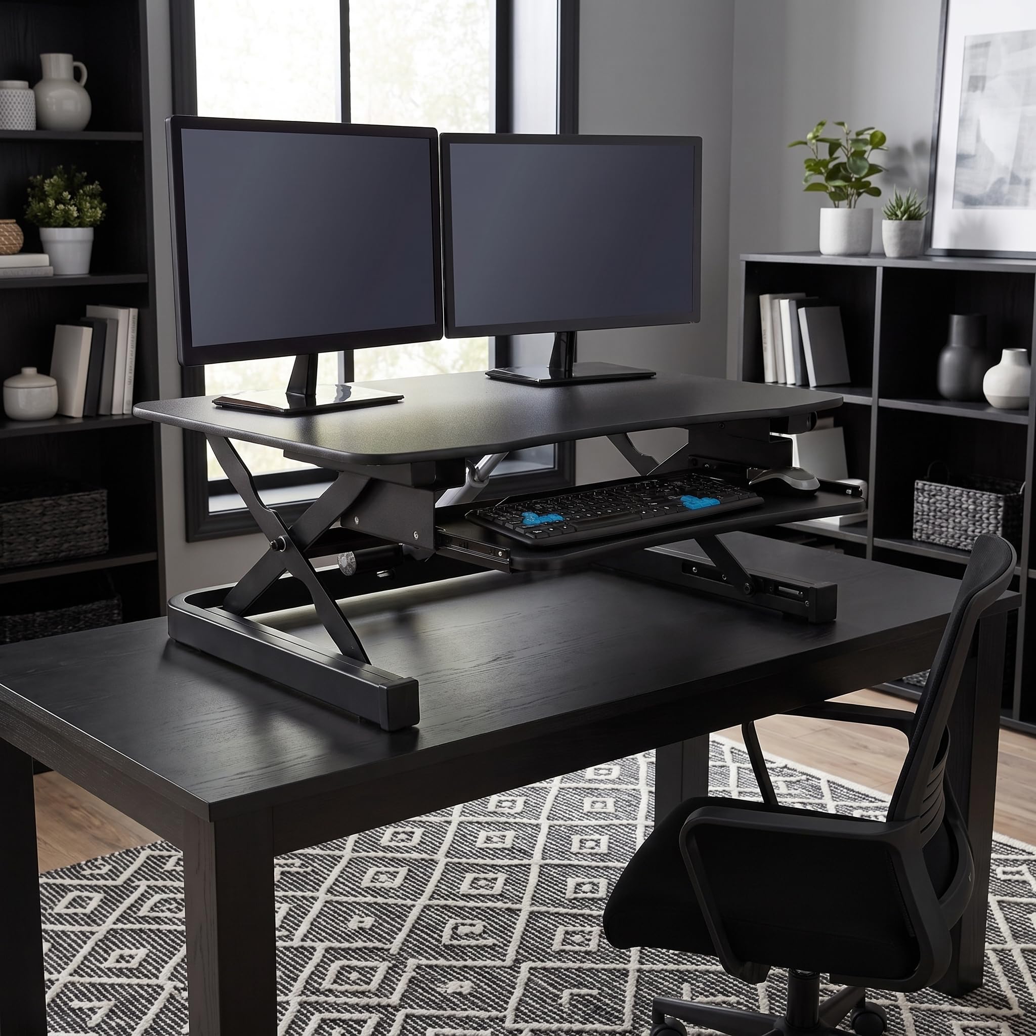 ApexDesk ZT Series Height Adjustable Sit to Stand Electric Desk Converter, 2-Tier Design with Large 36x24 Upper Work Surface and Lower Keyboard Tray Deck