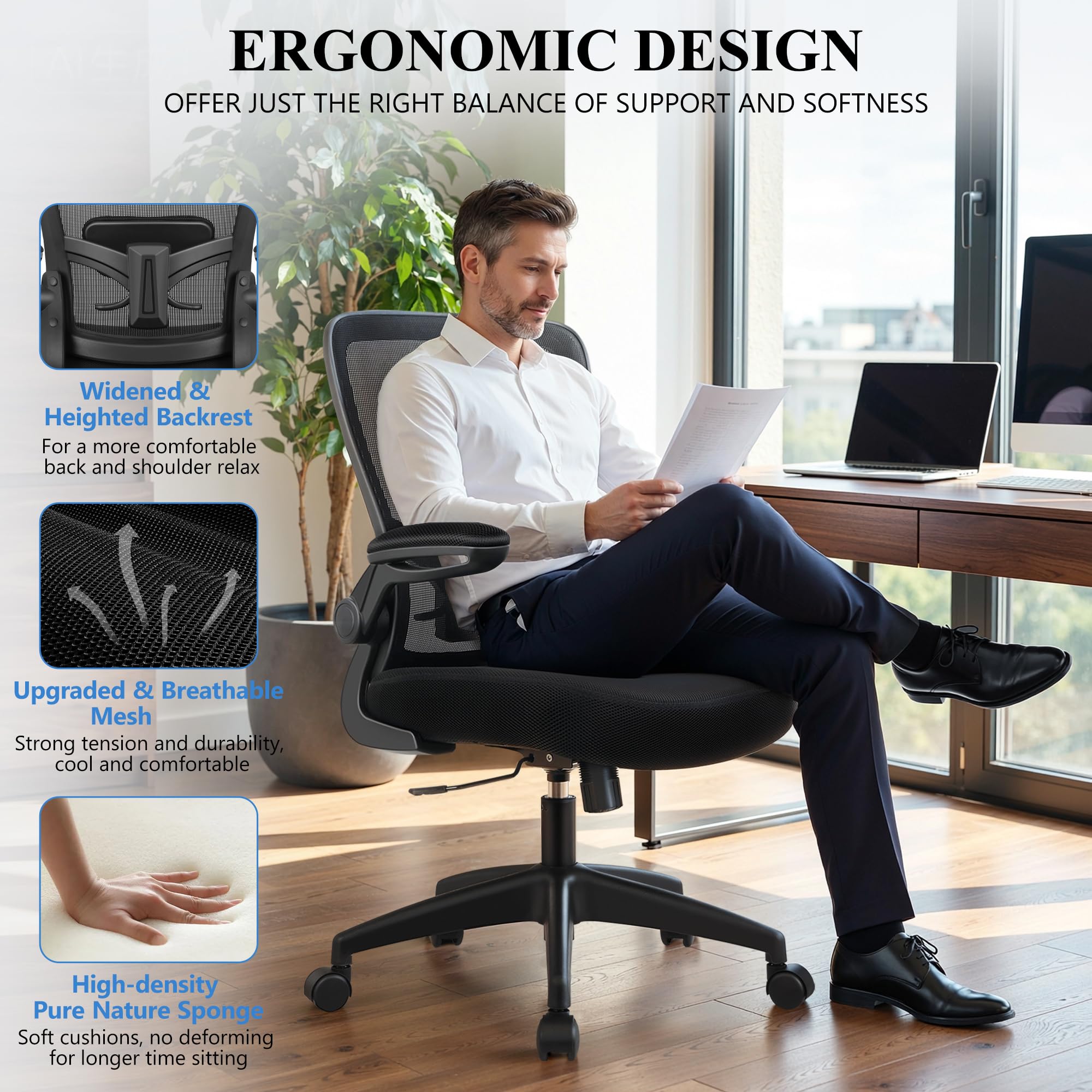 FelixKing Office Chair, Ergonomic Desk Chair Breathable Mesh Chairs Adjustable High Back Lumbar Support Flip-up Armrests, Executive Rolling Swivel Comfy Computer Chairs Home Office Black, Pack of 10