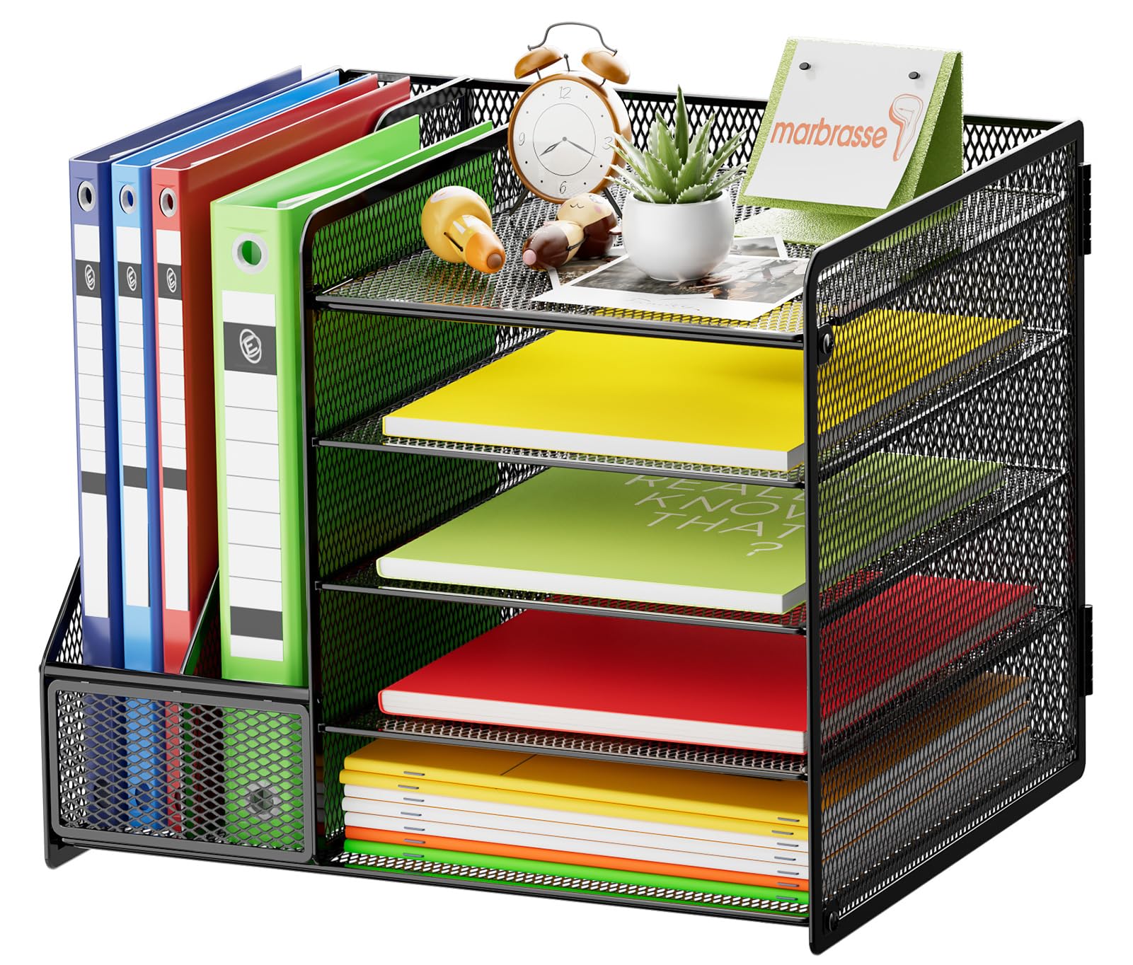 Marbrasse Desk Organizer with File Holder, 5-Tier Paper Letter Tray Organizer with Drawer and 2 Pen Holder, Mesh Desktop Organizer and Storage with Magazine Holder for Office Supplies