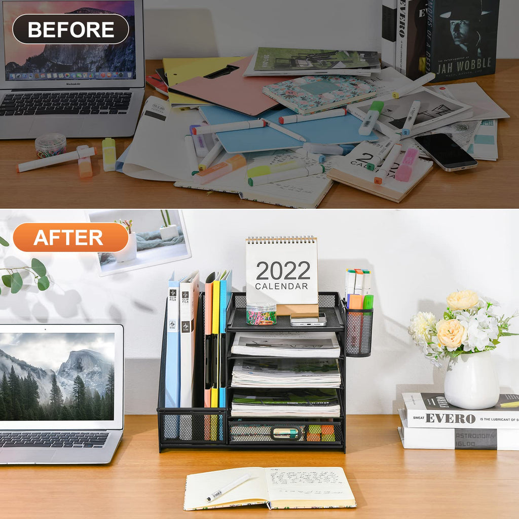 Marbrasse Desk Organizer with File Holder, 5-Tier Paper Letter Tray Organizer with Drawer and 2 Pen Holder, Mesh Desktop Organizer and Storage with Magazine Holder for Office Supplies