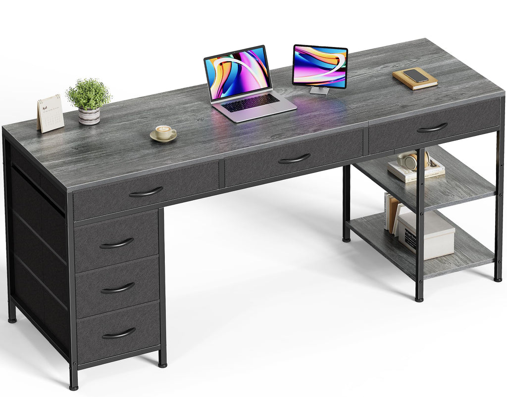 Huuger Computer Desk with 6 Drawers, Office Desk with Shelves, Reversible Gaming Desk, Corner Desk with Storage, Work for Home Office, Study, Living Room