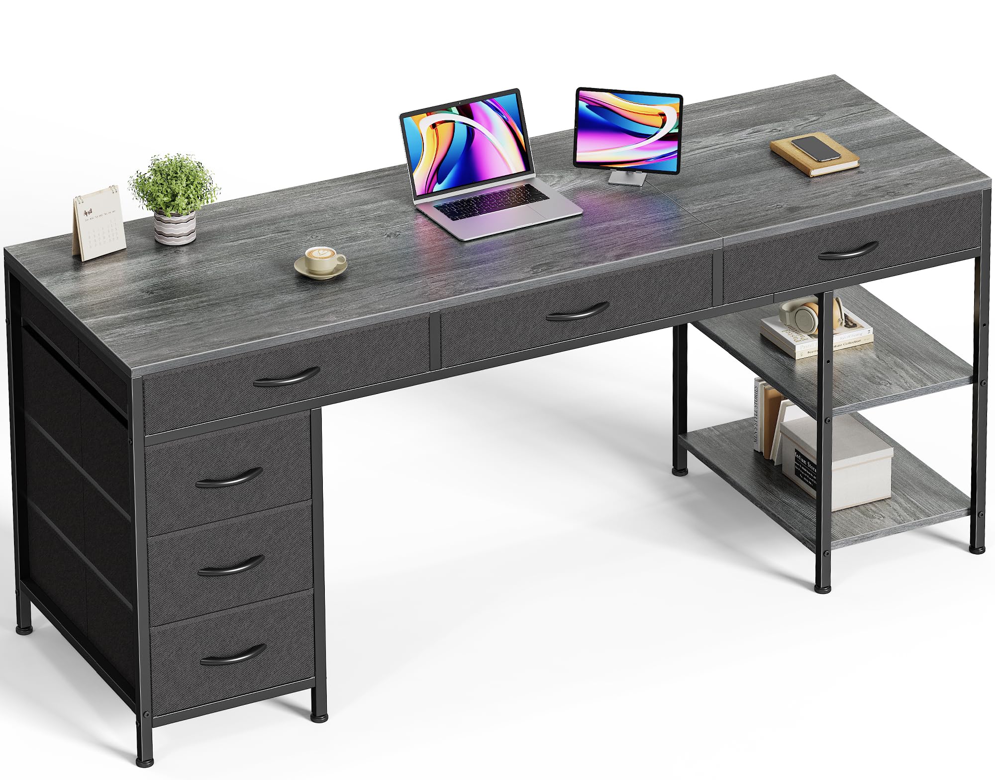 Huuger Computer Desk with 6 Drawers, Office Desk with Shelves, Reversible Gaming Desk, Corner Desk with Storage, Work for Home Office, Study, Living Room