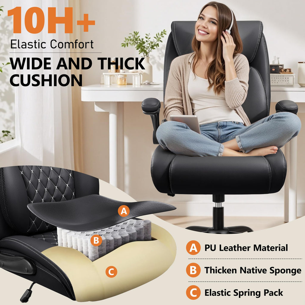 BESTFAIR Office Chair, Ergonomic Computer Desk Chairs with Lumbar Support for Lower Back Pain Relief, Executive Leather Home Chair Comfy with Padded Flip-up Armrests