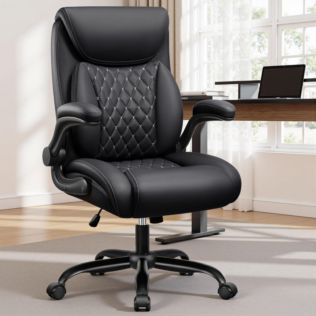 BESTFAIR Office Chair, Ergonomic Computer Desk Chairs with Lumbar Support for Lower Back Pain Relief, Executive Leather Home Chair Comfy with Padded Flip-up Armrests