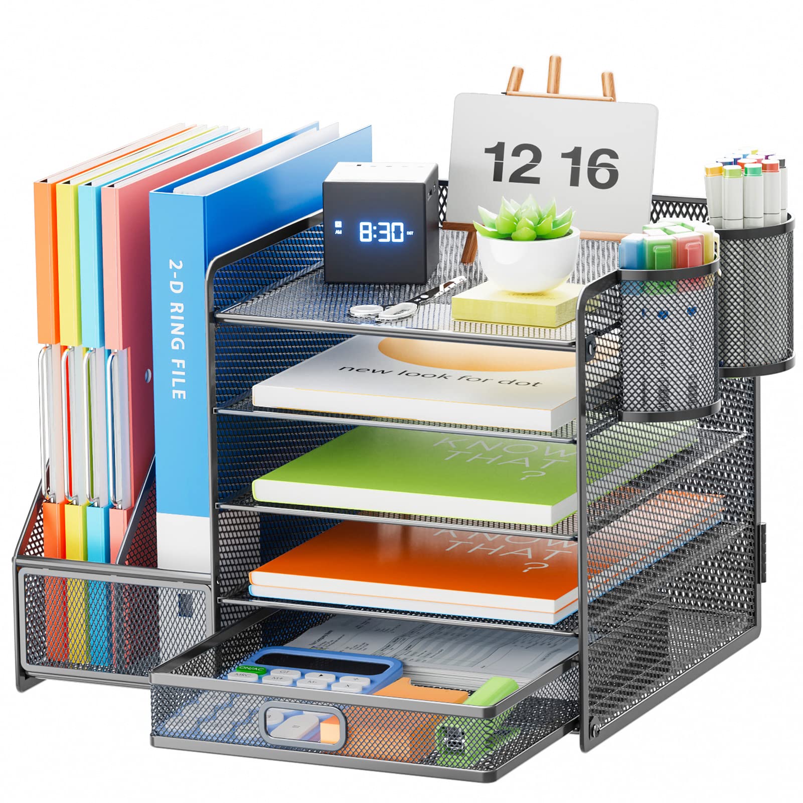 Marbrasse Desk Organizer with File Holder, 5-Tier Paper Letter Tray Organizer with Drawer and 2 Pen Holder, Mesh Desktop Organizer and Storage with Magazine Holder for Office Supplies