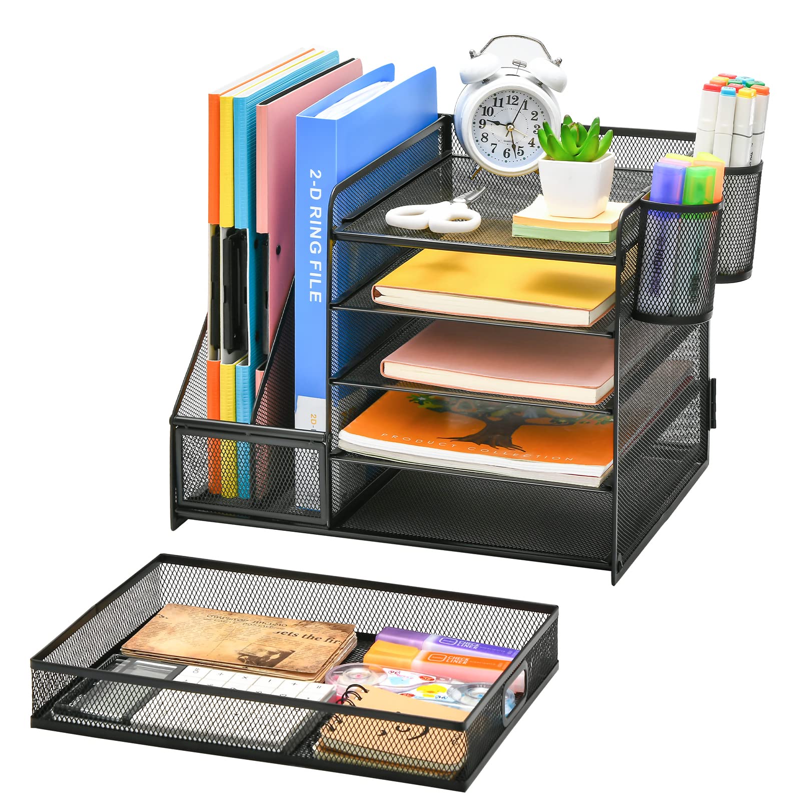 Marbrasse Desk Organizer with File Holder, 5-Tier Paper Letter Tray Organizer with Drawer and 2 Pen Holder, Mesh Desktop Organizer and Storage with Magazine Holder for Office Supplies