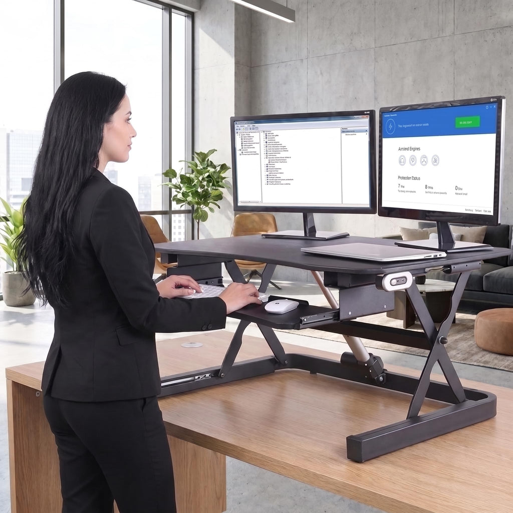 ApexDesk ZT Series Height Adjustable Sit to Stand Electric Desk Converter, 2-Tier Design with Large 36x24 Upper Work Surface and Lower Keyboard Tray Deck