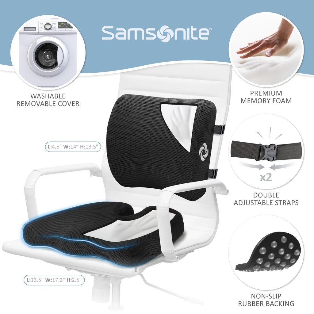 Samsonite Lumbar Support Pillow for Office Chair and Car Seat, Perfectly Balanced Memory Foam, Versatile Use Lower Back Cushion
