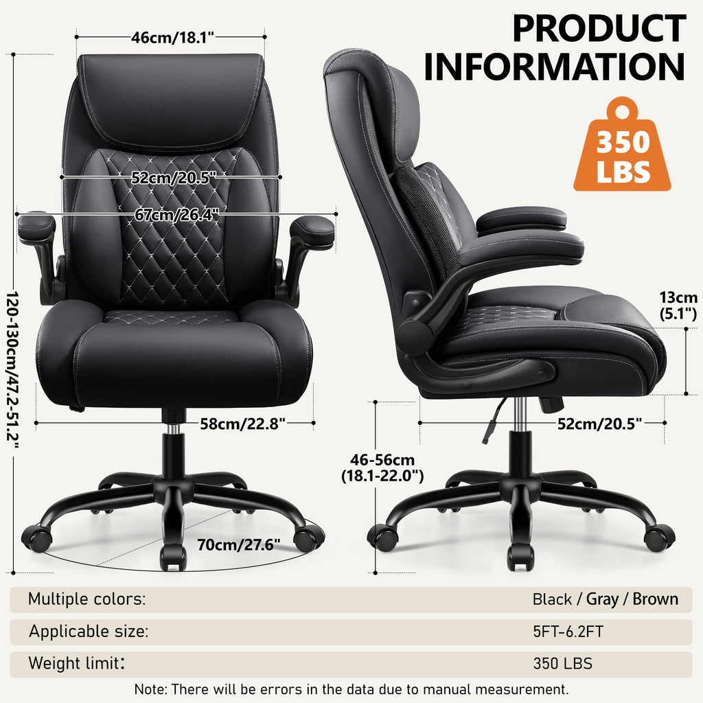BESTFAIR Office Chair, Ergonomic Computer Desk Chairs with Lumbar Support for Lower Back Pain Relief, Executive Leather Home Chair Comfy with Padded Flip-up Armrests