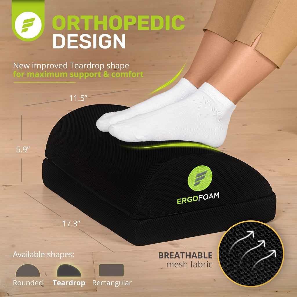 ErgoFoam Foot Rest for Under Desk - Chiropractor-Endorsed Orthopedic Teardrop Design - 2-in-1 Adjustable Premium Footrest for Work - Ergonomic for Lumbar, Back, Knee Pain