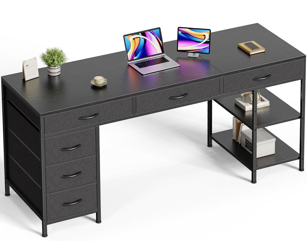 Huuger Computer Desk with 6 Drawers, Office Desk with Shelves, Reversible Gaming Desk, Corner Desk with Storage, Work for Home Office, Study, Living Room