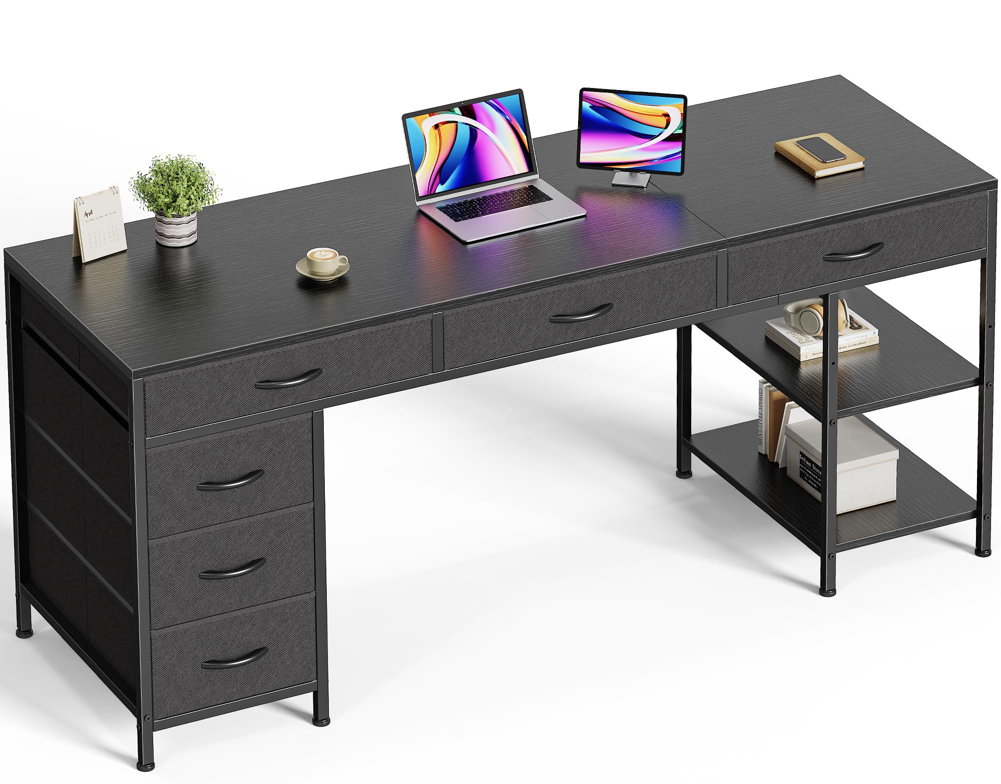 Huuger Computer Desk with 6 Drawers, Office Desk with Shelves, Reversible Gaming Desk, Corner Desk with Storage, Work for Home Office, Study, Living Room