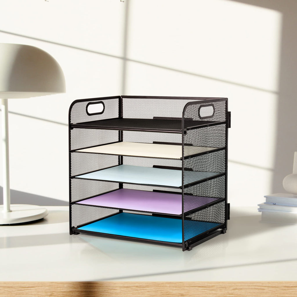 Supeasy 5 Trays Paper Organizer Letter Tray with Handle-Mesh Desk File Organizer,Black Paper Sorter Desk Organizer