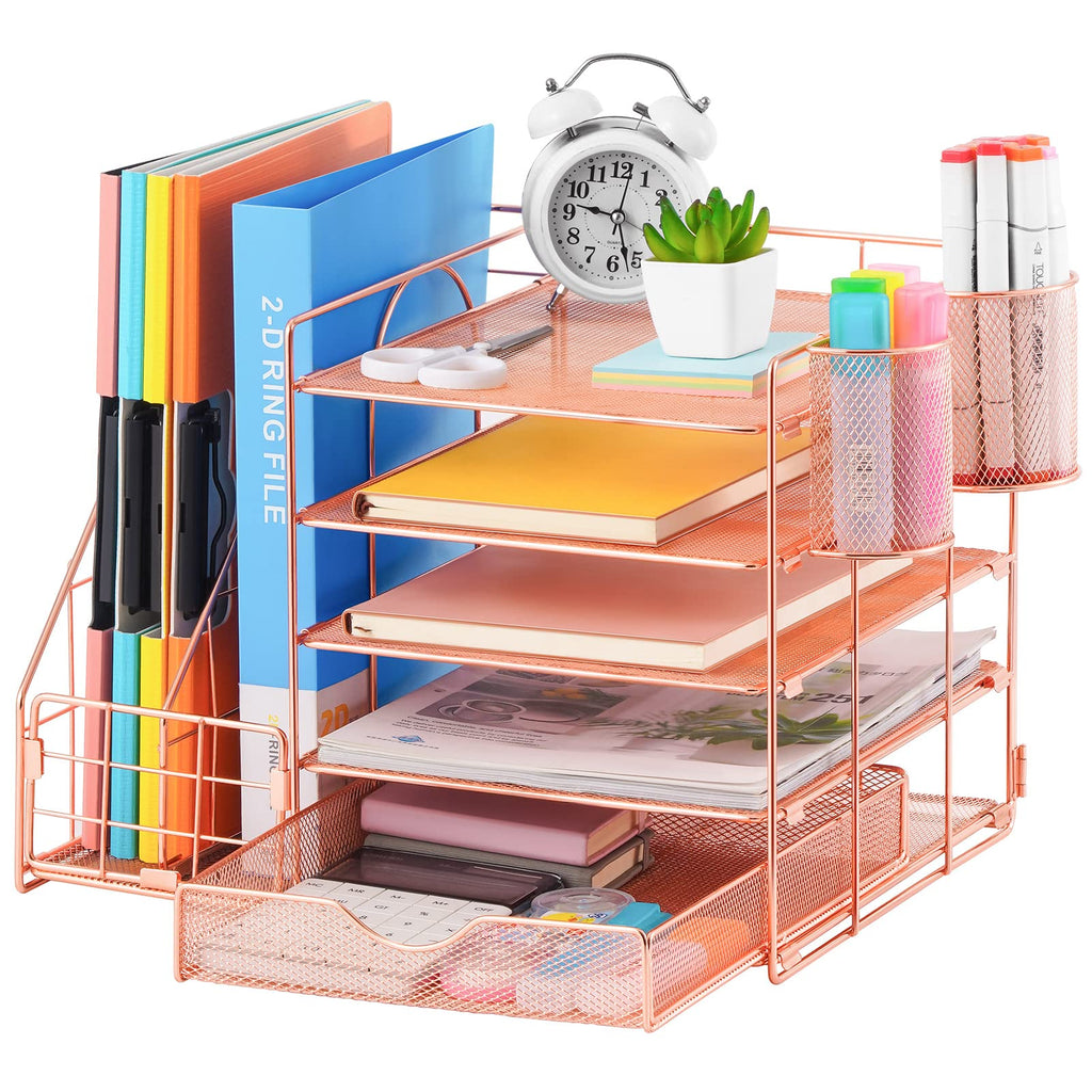 Marbrasse Desk Organizer with File Holder, 5-Tier Paper Letter Tray Organizer with Drawer and 2 Pen Holder, Mesh Desktop Organizer and Storage with Magazine Holder for Office Supplies