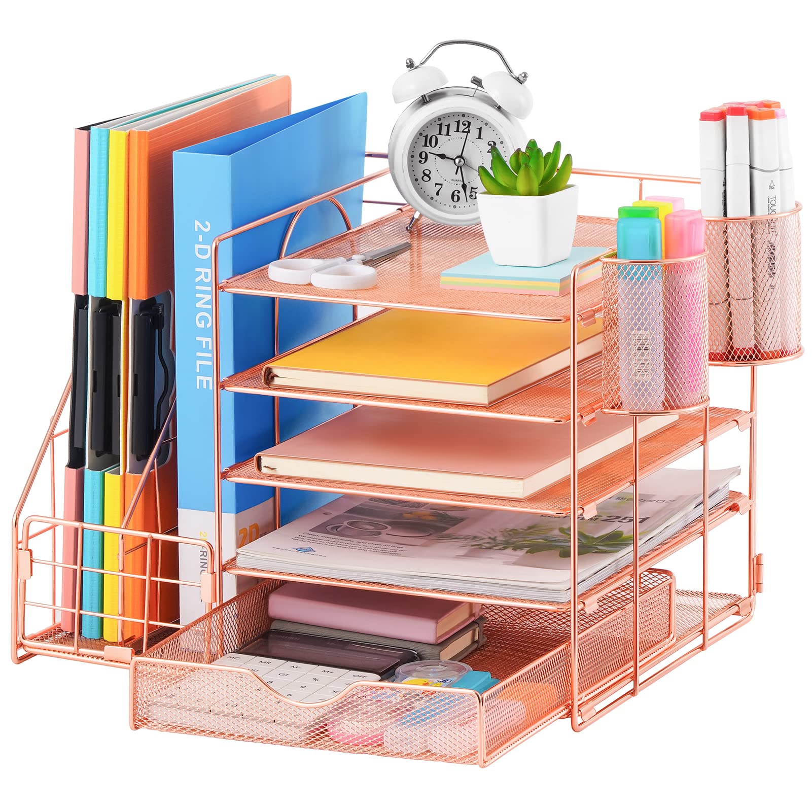 Marbrasse Desk Organizer with File Holder, 5-Tier Paper Letter Tray Organizer with Drawer and 2 Pen Holder, Mesh Desktop Organizer and Storage with Magazine Holder for Office Supplies