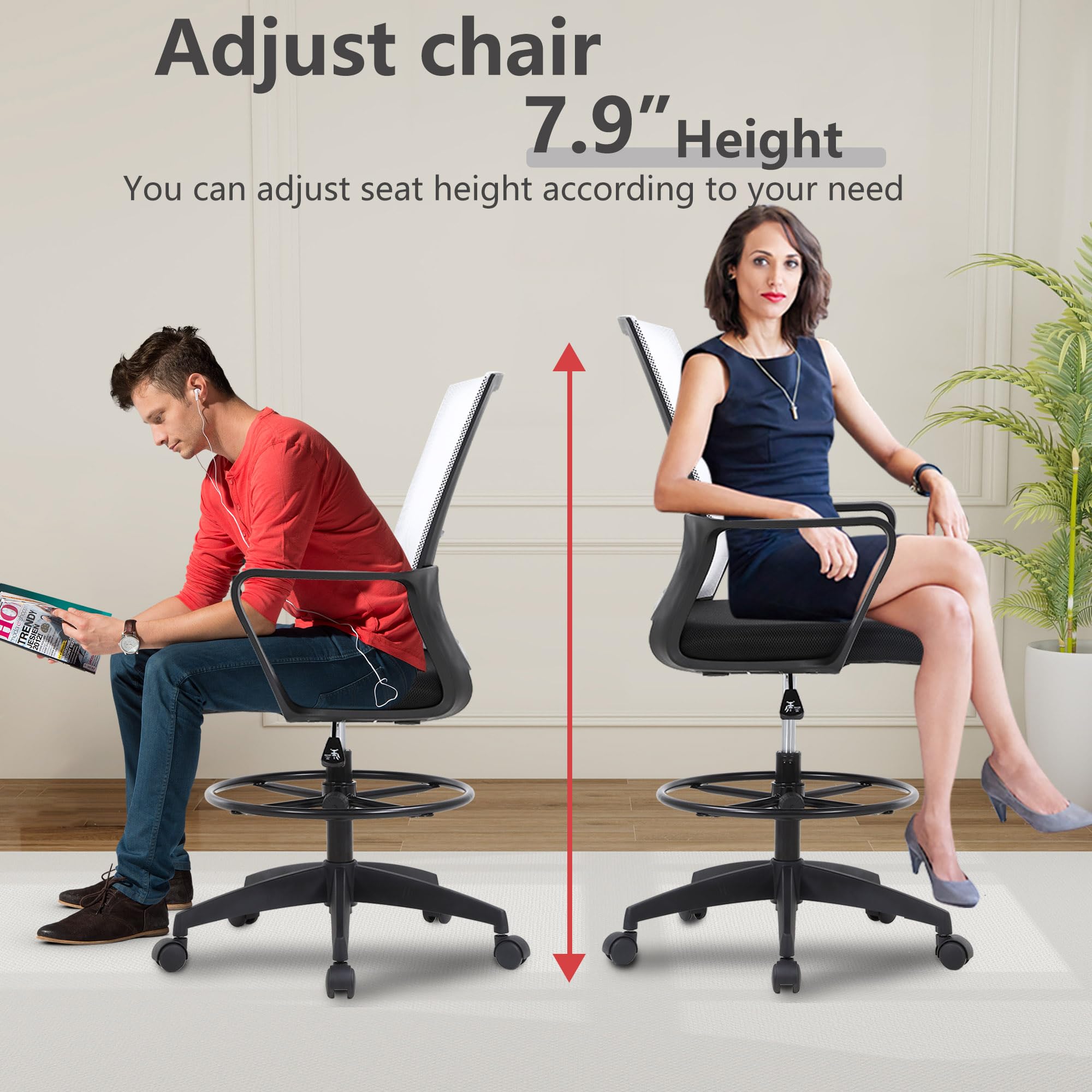 BestOffice Drafting Chair Tall Office Chair Adjustable Swivel Rolling Mesh Height with Lumbar Support Arms Footrest Mid Back for Adults Standing Desk Drafting Stool