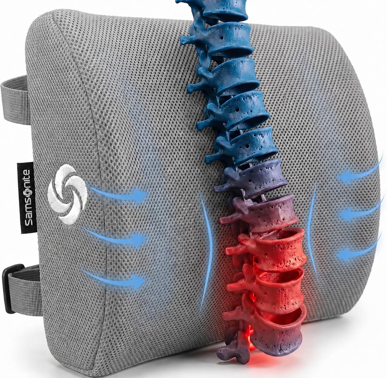 Samsonite Lumbar Support Pillow for Office Chair and Car Seat, Perfectly Balanced Memory Foam, Versatile Use Lower Back Cushion