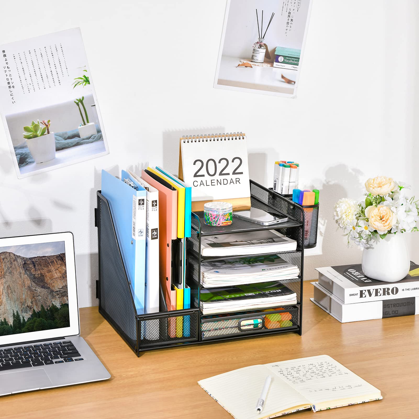 Marbrasse Desk Organizer with File Holder, 5-Tier Paper Letter Tray Organizer with Drawer and 2 Pen Holder, Mesh Desktop Organizer and Storage with Magazine Holder for Office Supplies
