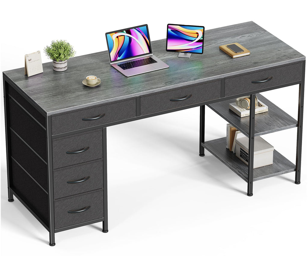 Huuger Computer Desk with 6 Drawers, Office Desk with Shelves, Reversible Gaming Desk, Corner Desk with Storage, Work for Home Office, Study, Living Room