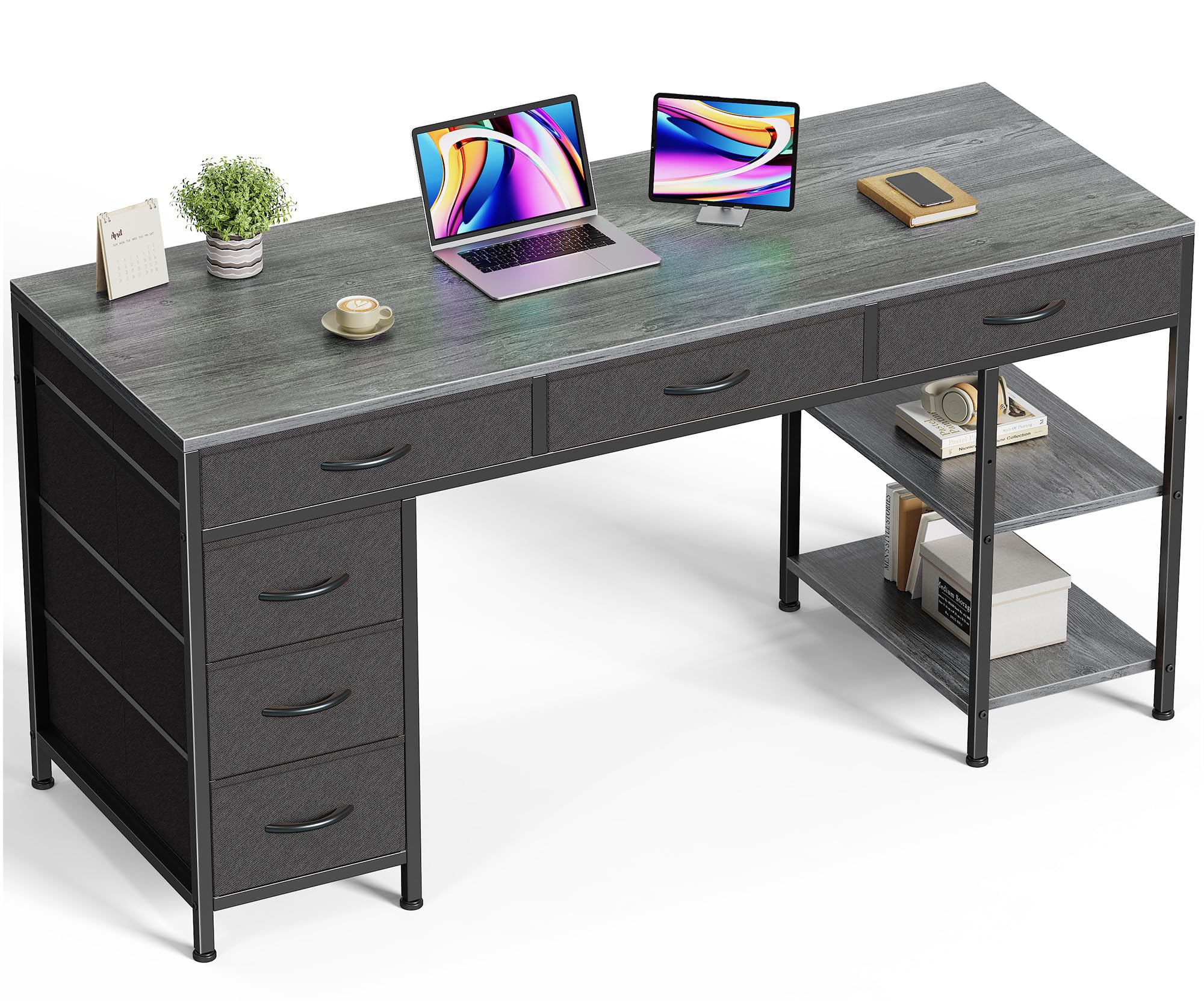 Huuger Computer Desk with 6 Drawers, Office Desk with Shelves, Reversible Gaming Desk, Corner Desk with Storage, Work for Home Office, Study, Living Room