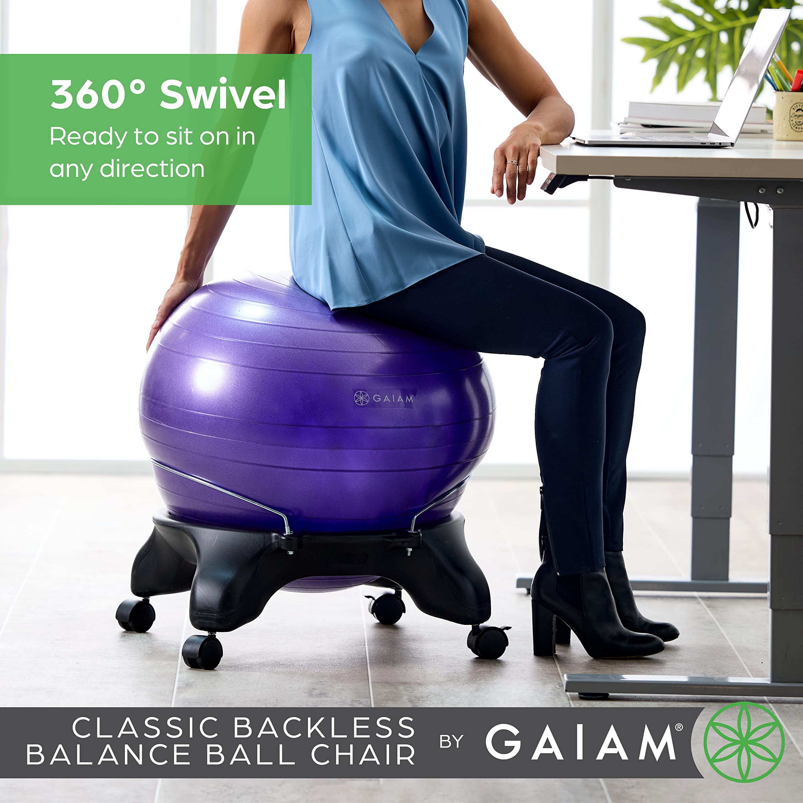 Gaiam Classic Balance Ball Chair – Exercise Stability Yoga Ball Premium Ergonomic Chair for Home and Office Desk with Air Pump, Exercise Guide and Satisfaction