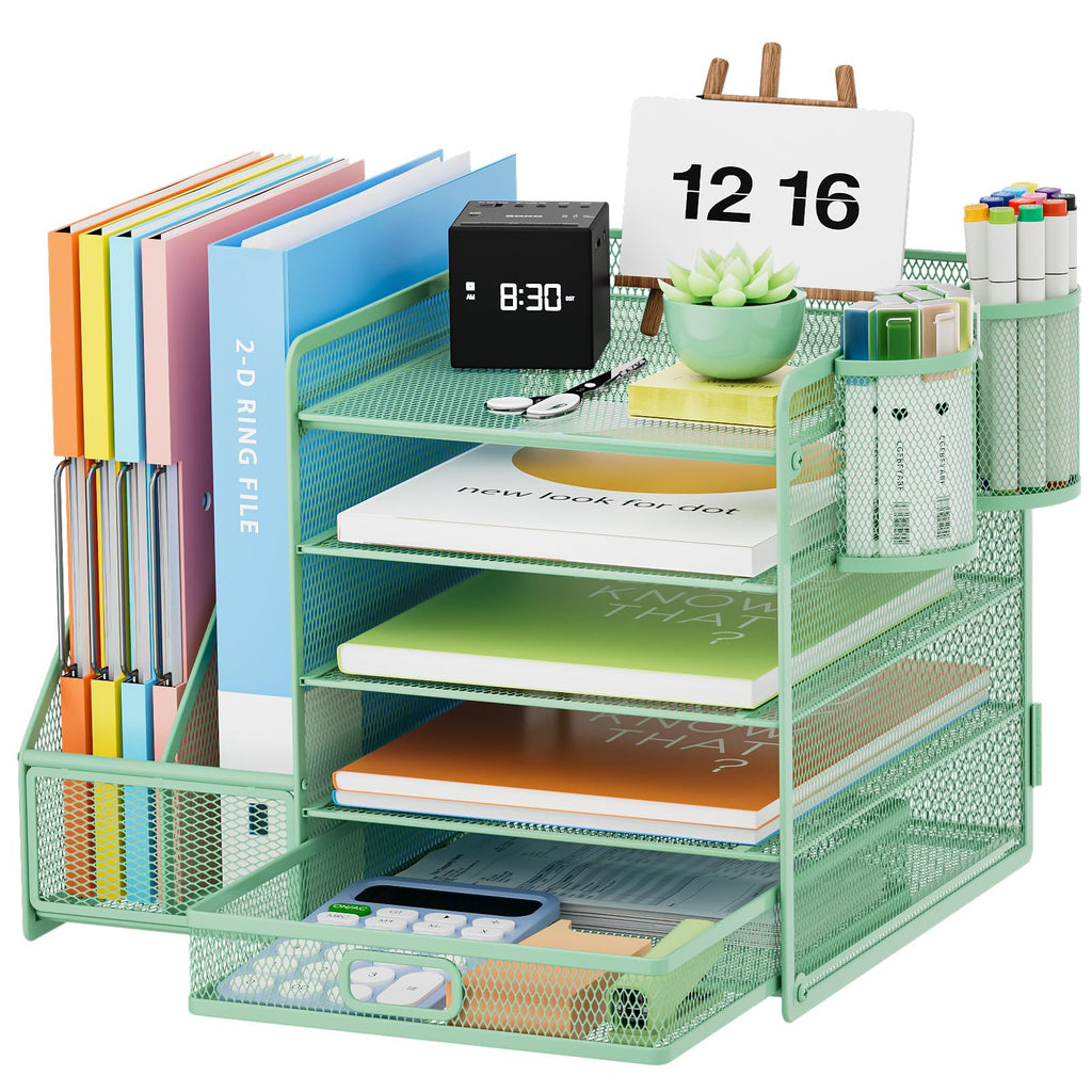 Marbrasse Desk Organizer with File Holder, 5-Tier Paper Letter Tray Organizer with Drawer and 2 Pen Holder, Mesh Desktop Organizer and Storage with Magazine Holder for Office Supplies