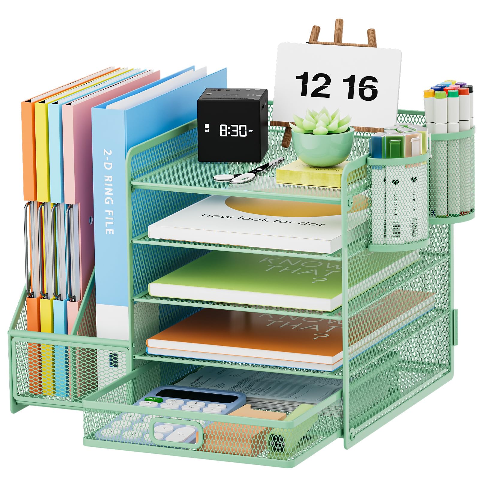 Marbrasse Desk Organizer with File Holder, 5-Tier Paper Letter Tray Organizer with Drawer and 2 Pen Holder, Mesh Desktop Organizer and Storage with Magazine Holder for Office Supplies