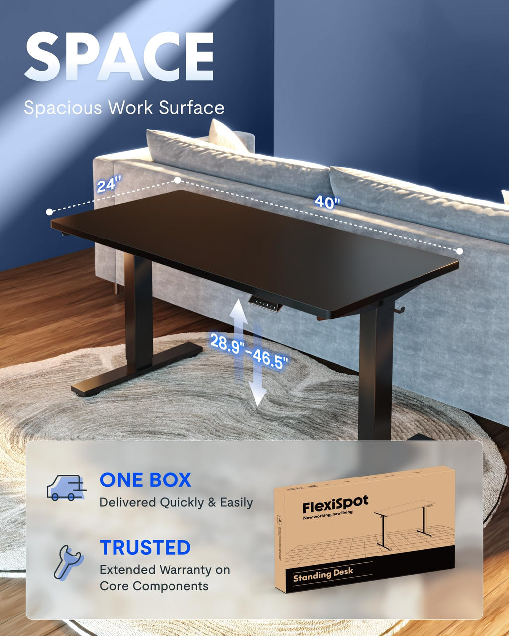 FLEXISPOT EN1 One-Piece Standing Desk, Electric Adjustable with 4 Memory Presets, 176 LBS Capacity, Stable & Quiet, Seamless Desktop for Home Office & Dual Monitors