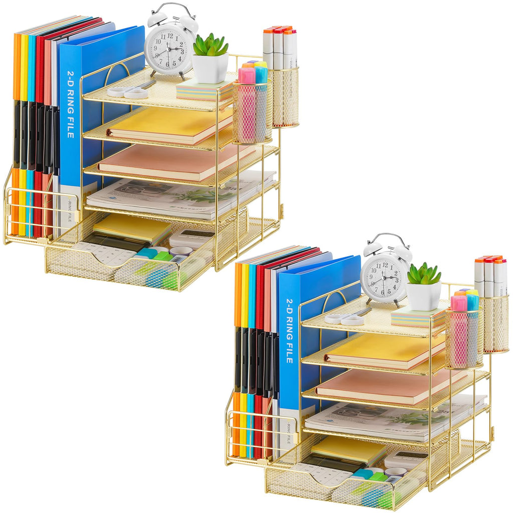 Marbrasse Desk Organizer with File Holder, 5-Tier Paper Letter Tray Organizer with Drawer and 2 Pen Holder, Mesh Desktop Organizer and Storage with Magazine Holder for Office Supplies