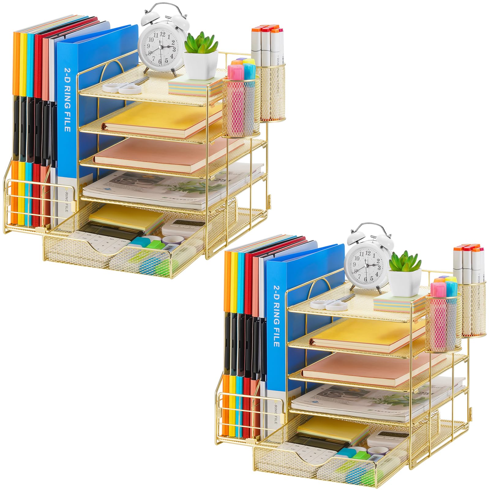 Marbrasse Desk Organizer with File Holder, 5-Tier Paper Letter Tray Organizer with Drawer and 2 Pen Holder, Mesh Desktop Organizer and Storage with Magazine Holder for Office Supplies