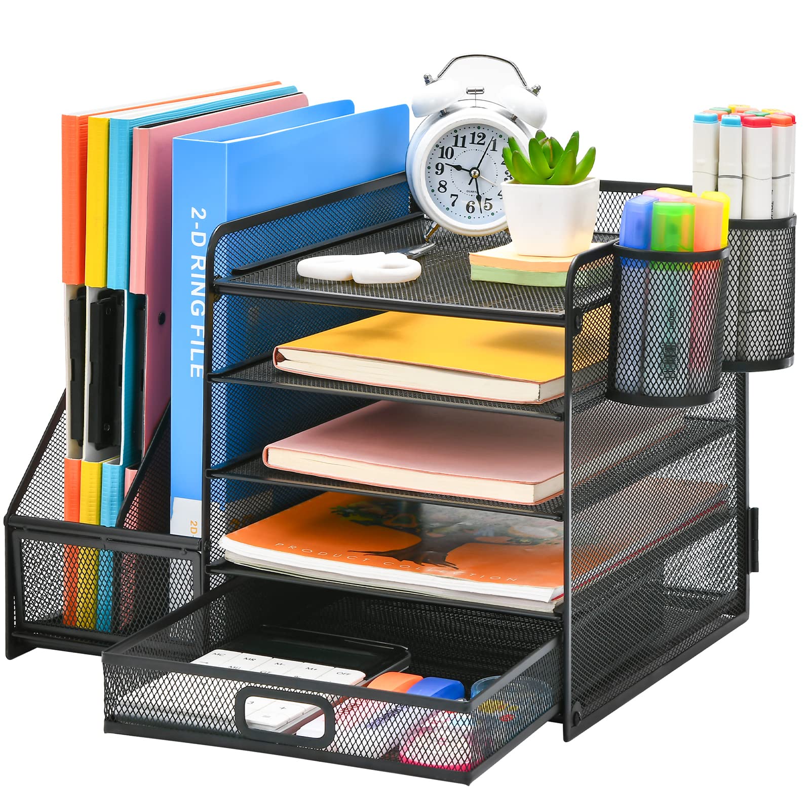 Marbrasse Desk Organizer with File Holder, 5-Tier Paper Letter Tray Organizer with Drawer and 2 Pen Holder, Mesh Desktop Organizer and Storage with Magazine Holder for Office Supplies