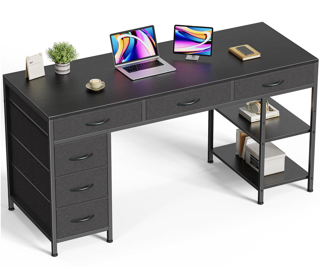 Huuger Computer Desk with 6 Drawers, Office Desk with Shelves, Reversible Gaming Desk, Corner Desk with Storage, Work for Home Office, Study, Living Room