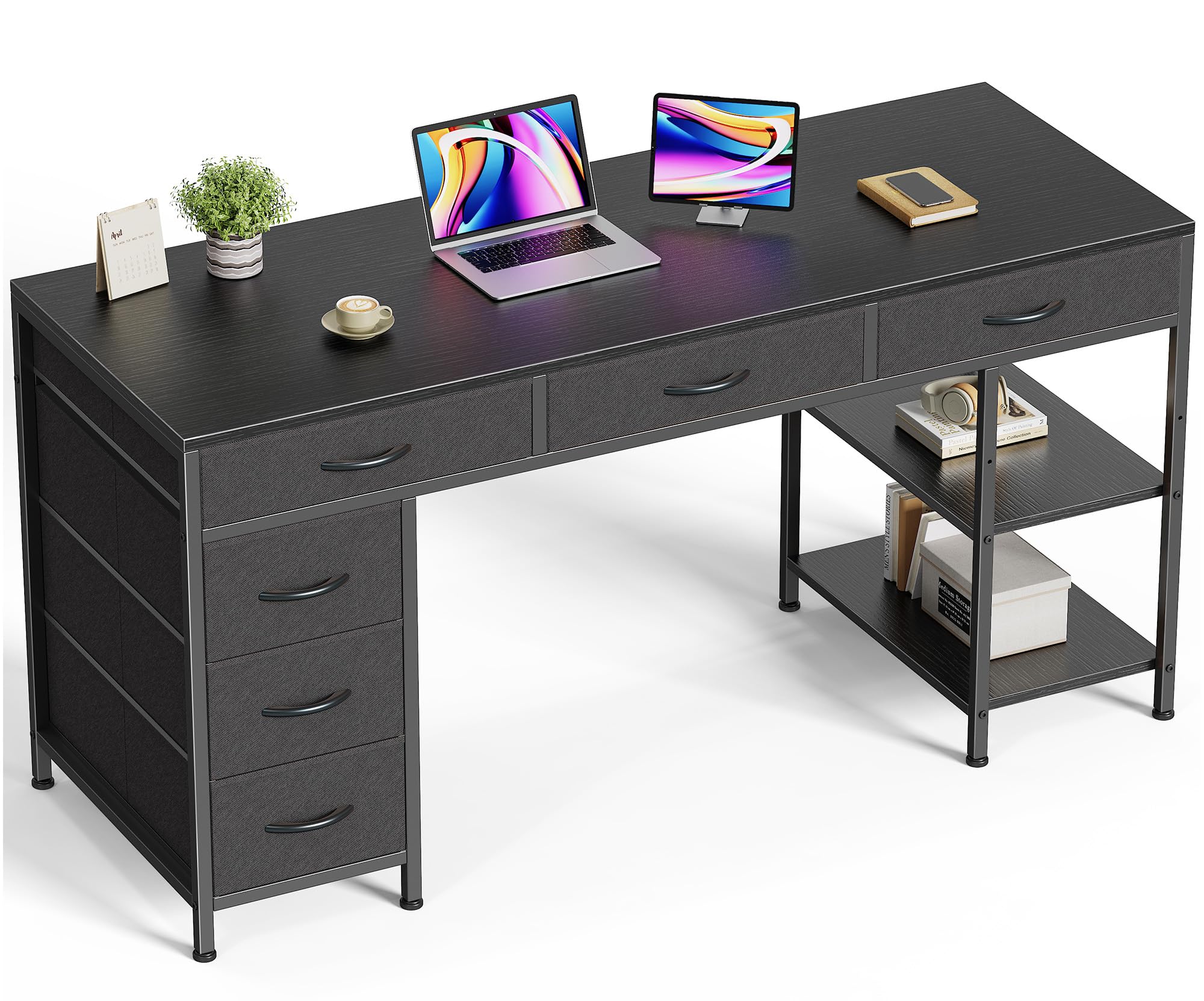 Huuger Computer Desk with 6 Drawers, Office Desk with Shelves, Reversible Gaming Desk, Corner Desk with Storage, Work for Home Office, Study, Living Room