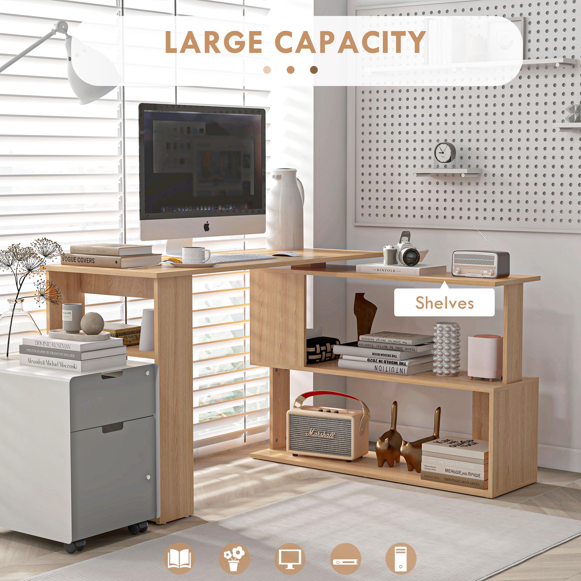 HOMCOM 47 Inch L Shaped Desk, Corner Computer Desk, 360 Degree Rotating Home Office Desk with Storage Shelves, Writing Table Workstation