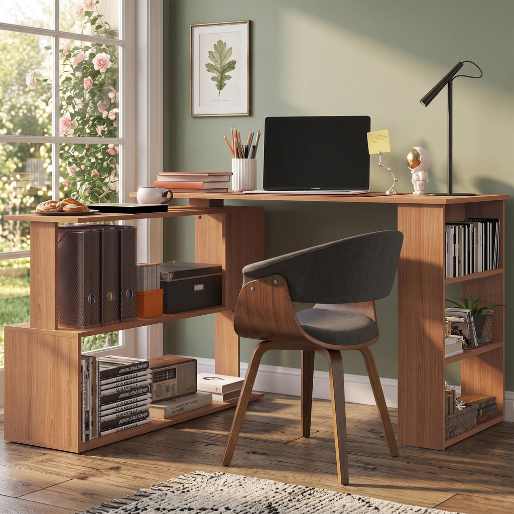 HOMCOM 47 Inch L Shaped Desk, Corner Computer Desk, 360 Degree Rotating Home Office Desk with Storage Shelves, Writing Table Workstation