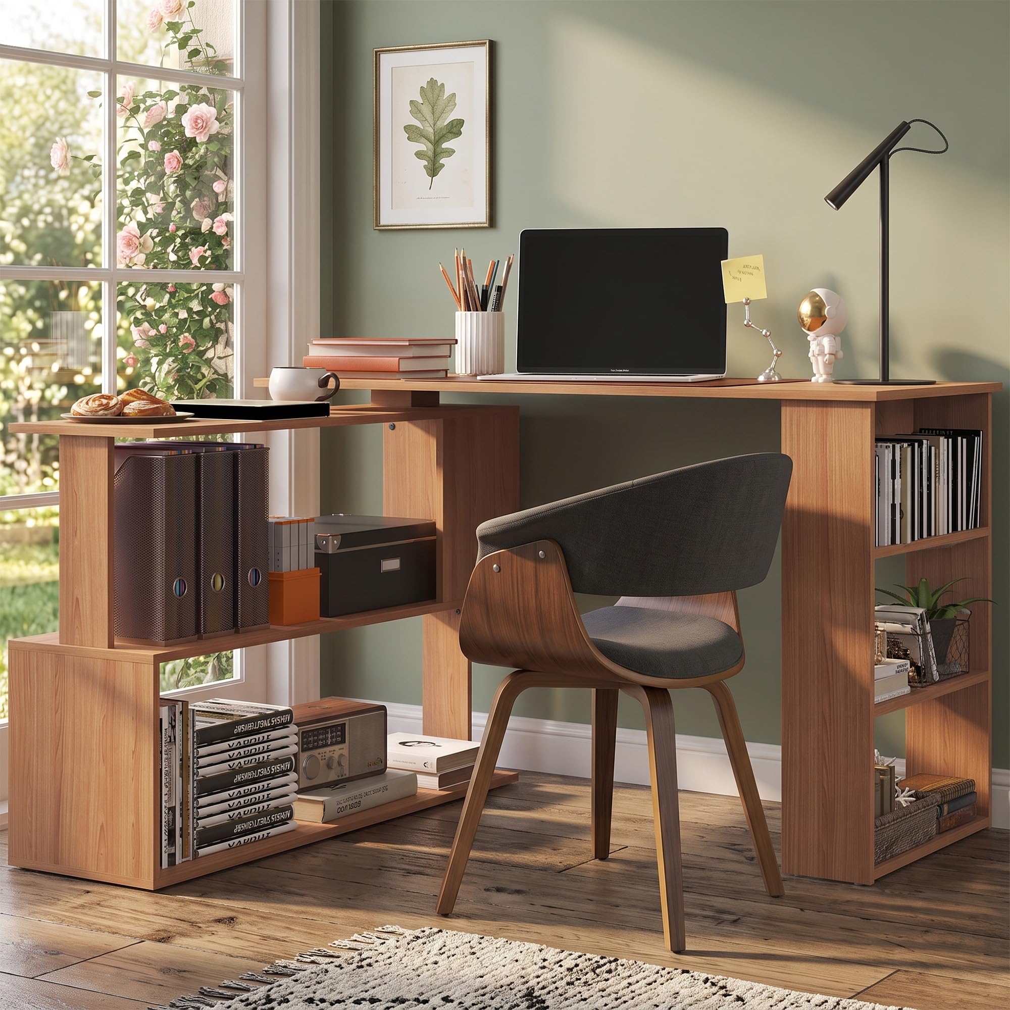 HOMCOM 47 Inch L Shaped Desk, Corner Computer Desk, 360 Degree Rotating Home Office Desk with Storage Shelves, Writing Table Workstation