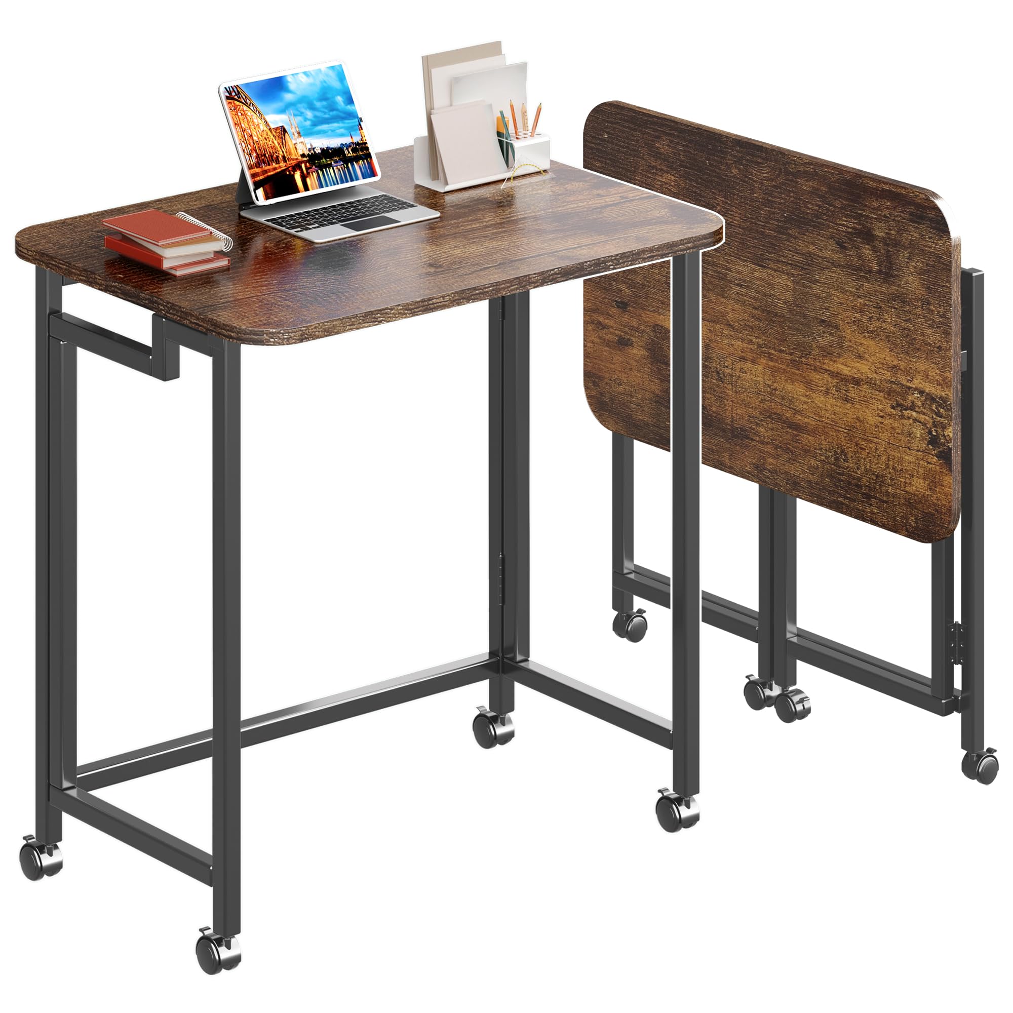 4NM Mobile Small Rolling Computer Desk, Folding Laptop Cart Table with Wheels, Portable Office Desk for Small Space Couch Bed