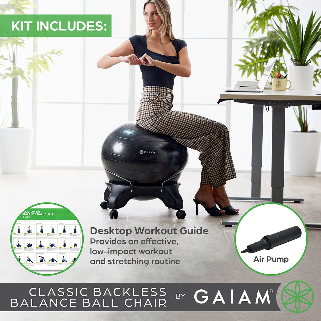 Gaiam Classic Balance Ball Chair – Exercise Stability Yoga Ball Premium Ergonomic Chair for Home and Office Desk with Air Pump, Exercise Guide and Satisfaction