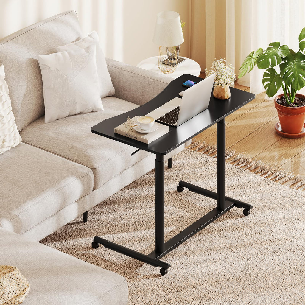 Tangkula Computer Desk Home Office Dorm Rolling Wooden Top Height Adjustable Sit-to-Stand Desk Portable Writing Study Table Notebook Laptop Desk