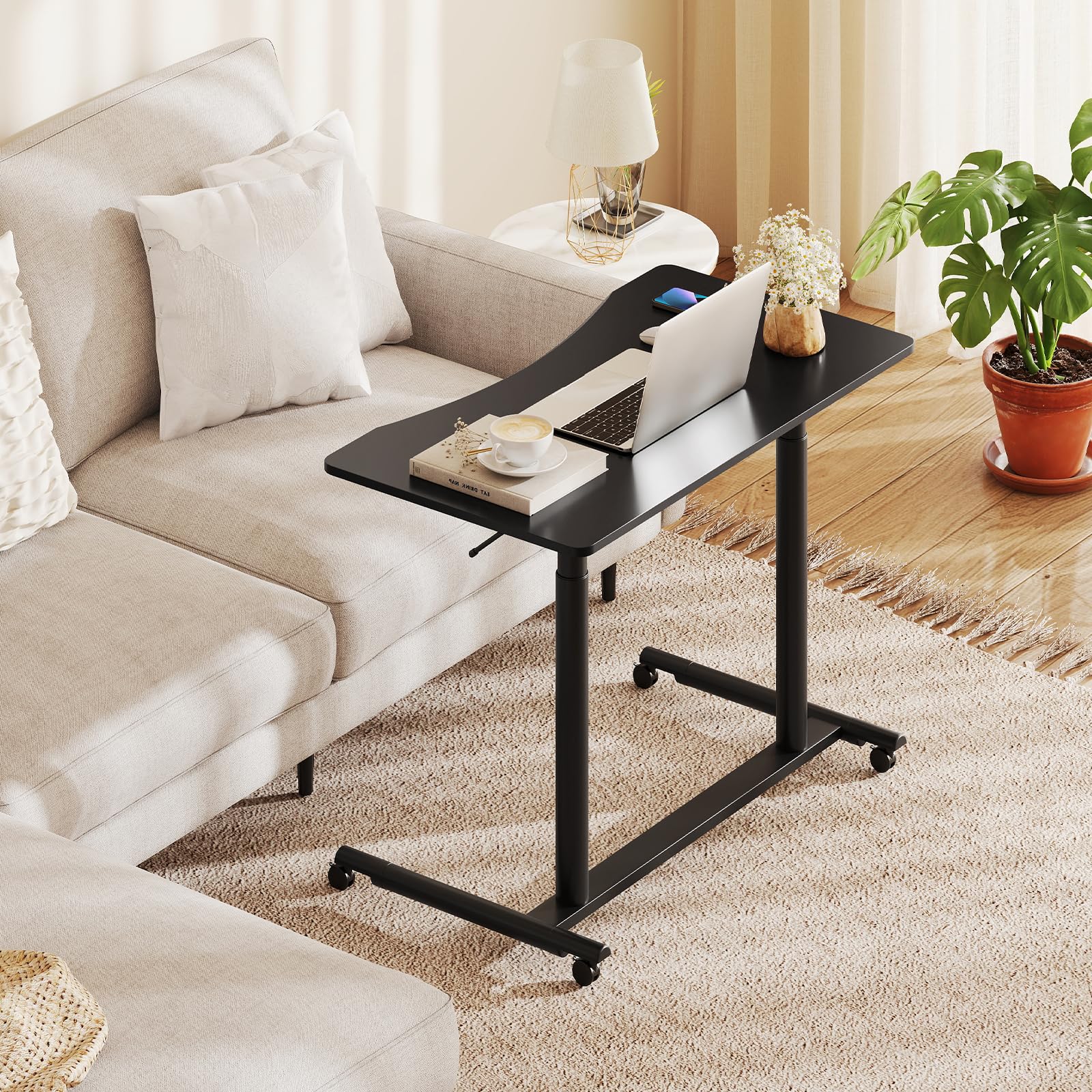 Tangkula Computer Desk Home Office Dorm Rolling Wooden Top Height Adjustable Sit-to-Stand Desk Portable Writing Study Table Notebook Laptop Desk