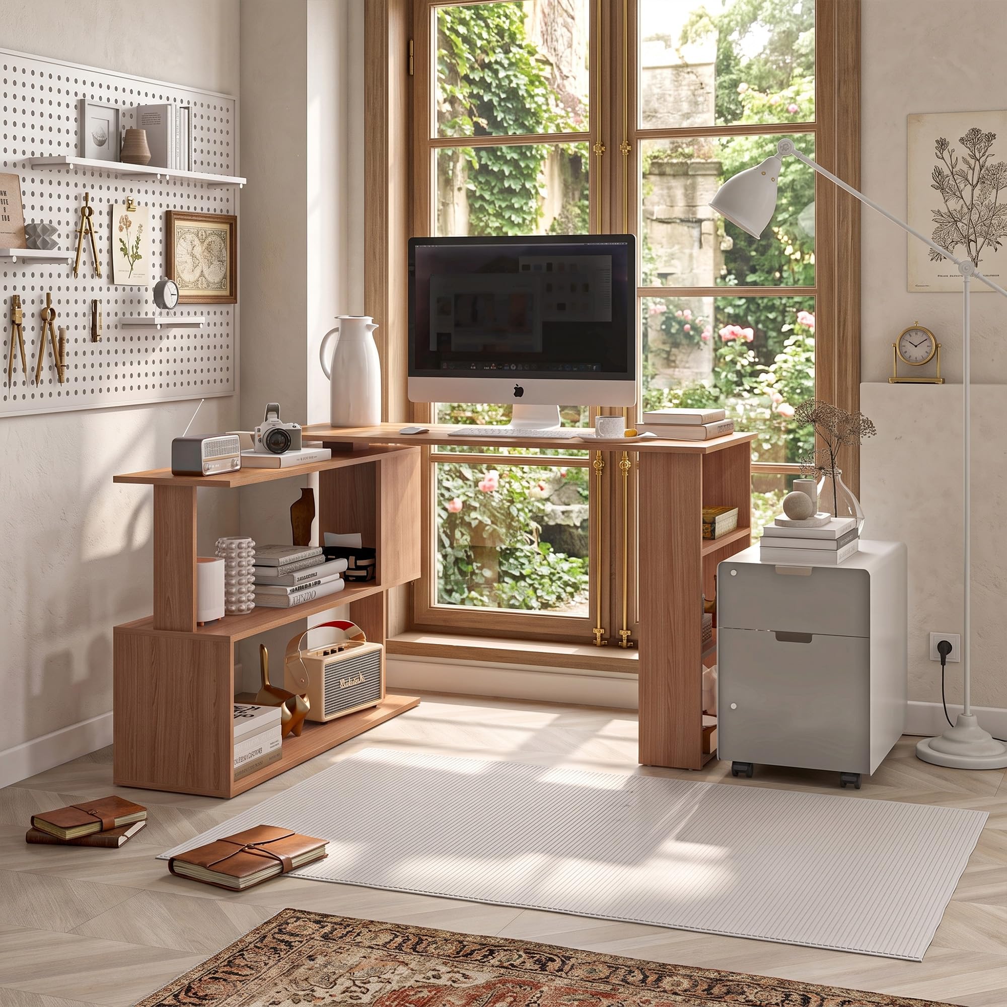 HOMCOM 47 Inch L Shaped Desk, Corner Computer Desk, 360 Degree Rotating Home Office Desk with Storage Shelves, Writing Table Workstation