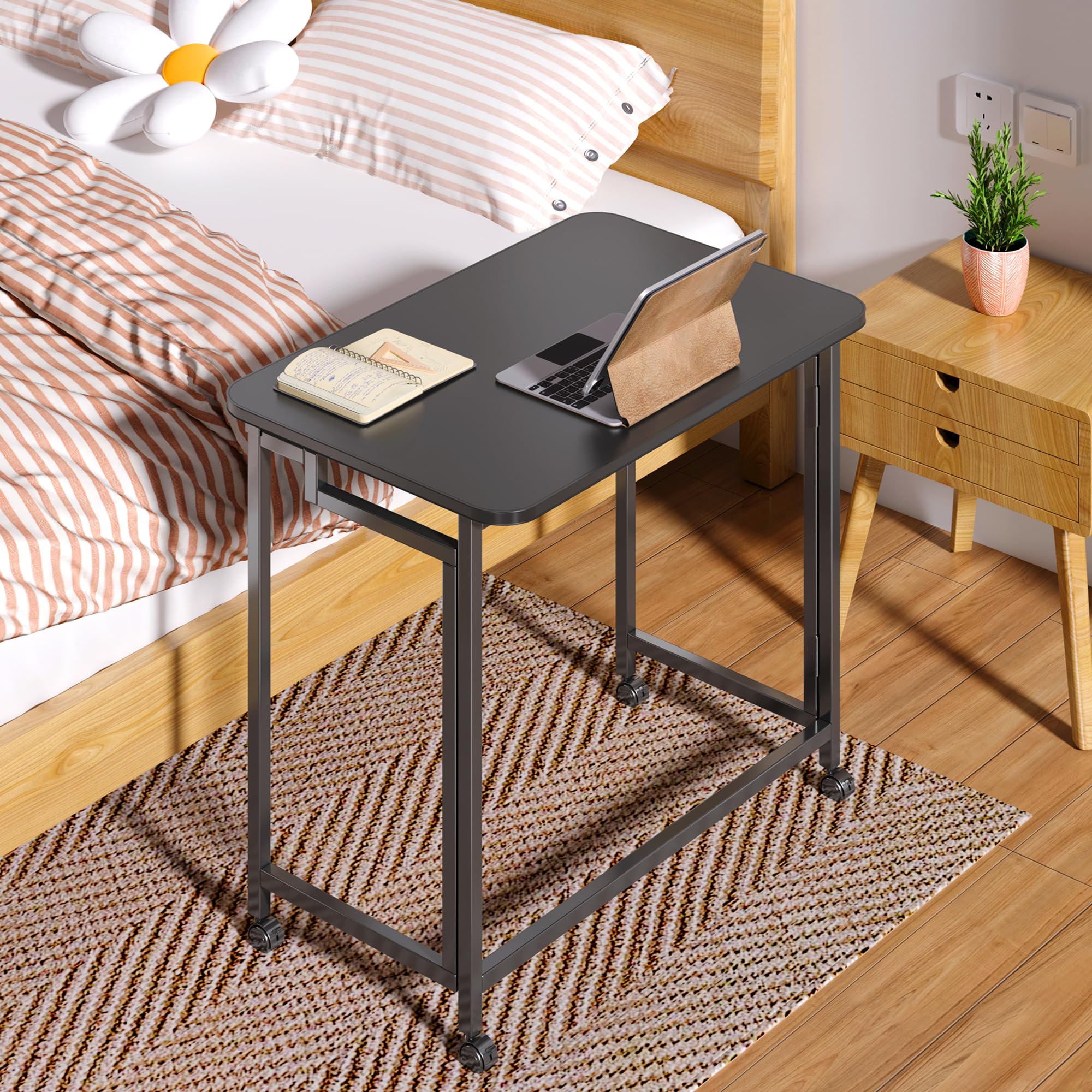 4NM Mobile Small Rolling Computer Desk, Folding Laptop Cart Table with Wheels, Portable Office Desk for Small Space Couch Bed